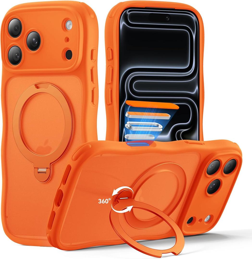for iPhone 17 Pro Case for Women Girls with Stand,Compatible with MagSafe,Camera Control,Full Camera Protection, Cute Wave Magnetic Phone Case for iPhone 17 Pro,Orange