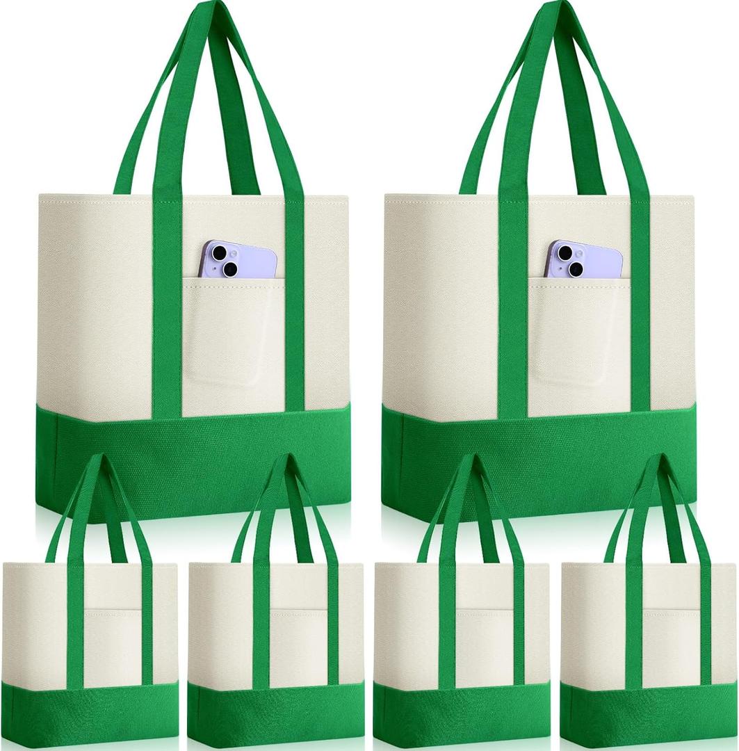 Sanwuta 6 Pcs Canvas Tote Bags Bulk with Outer Pocket Small Sublimation Blank Canvas Tote Reusable Grocery Bag for Women, DIY Craft (Green)