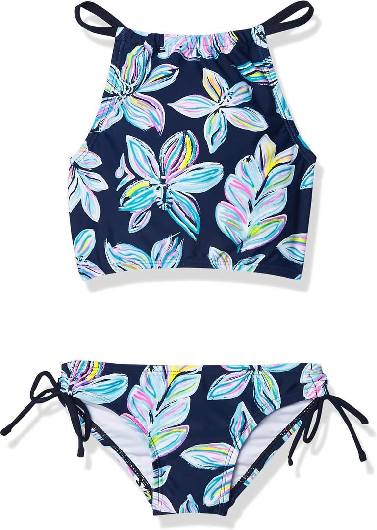 Kanu Surf Girls' Daisy UPF 50+ Beach Sport Halter Tankini 2-Piece Swimsuit, Charlotte Floral Navy, 12