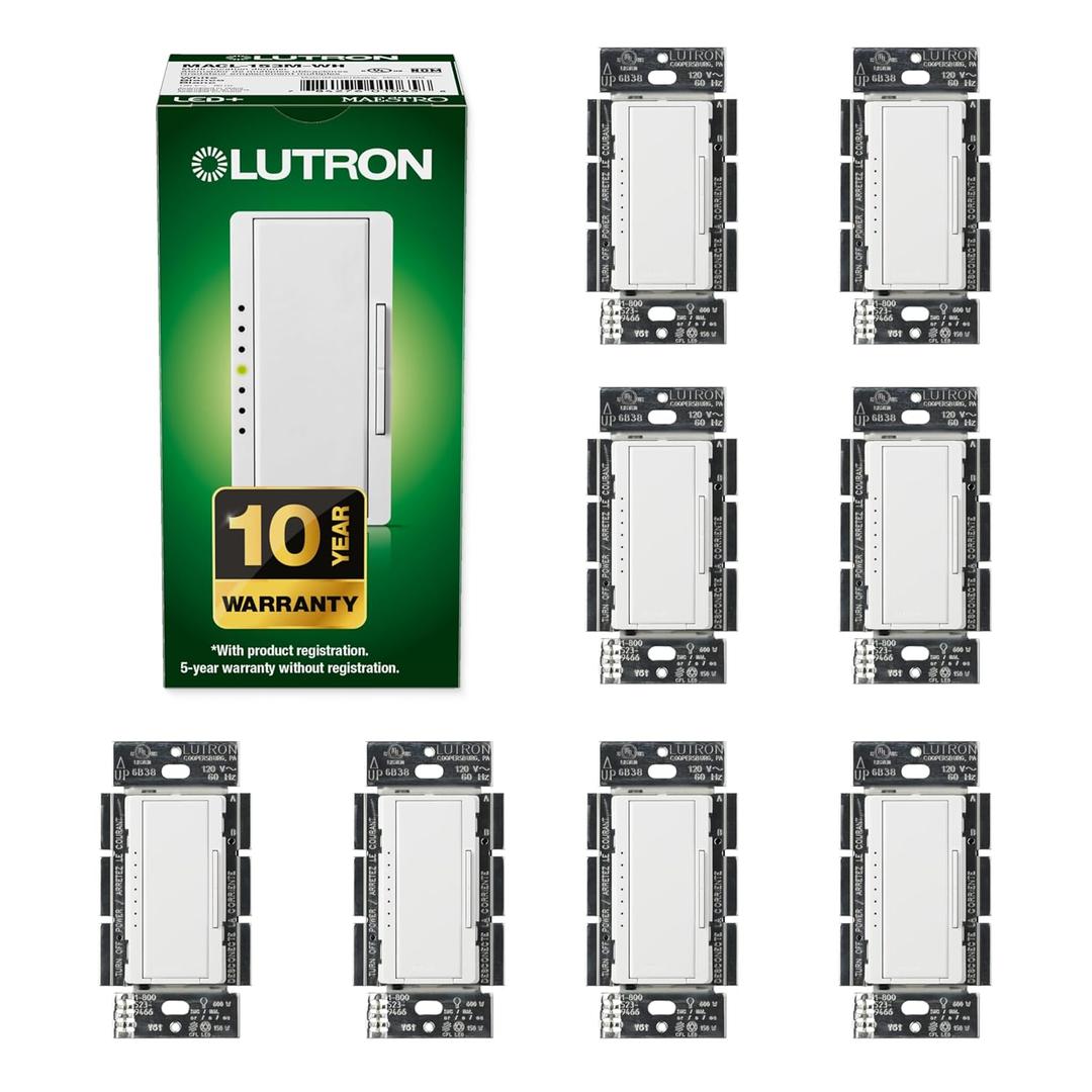 Lutron Maestro LED+ Dimmer Switch for Dimmable LED, Halogen and Incandescent Bulbs, 150W/Single-Pole or Multi-Location, MACL-153M-WH, White (8-Pack), Dimmer