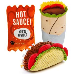 Prime Pets Plush Dog Toys Set, 3 Pack, Crinkle Squeaky Dog Toys, Food Shaped Pet Toy for Small Medium Large Dogs, Stuffed Puppy Chew Toy