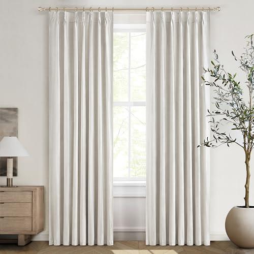 QJmydeco Buttercream Blackout Curtains 90 Inches Long, Thick Linen Patio Drapes for Insulated Sliding Glass Doors Cute Curtains for Nursery Bedroom Aesthetic Pinch Pleated with Hooks 2 Panels