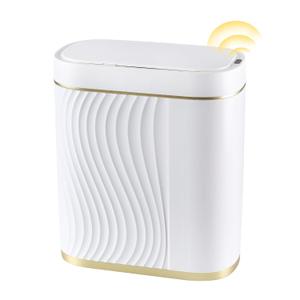Bathroom Sensor Trash Can with Lid 2 Gallon Automatic Trash Bin, 7.5 Liter Small Smart Garbage Can, Slim Waterproof Garbage Bin, Narrow Waste Bins for Bedroom, Living Room, Office (white gold)