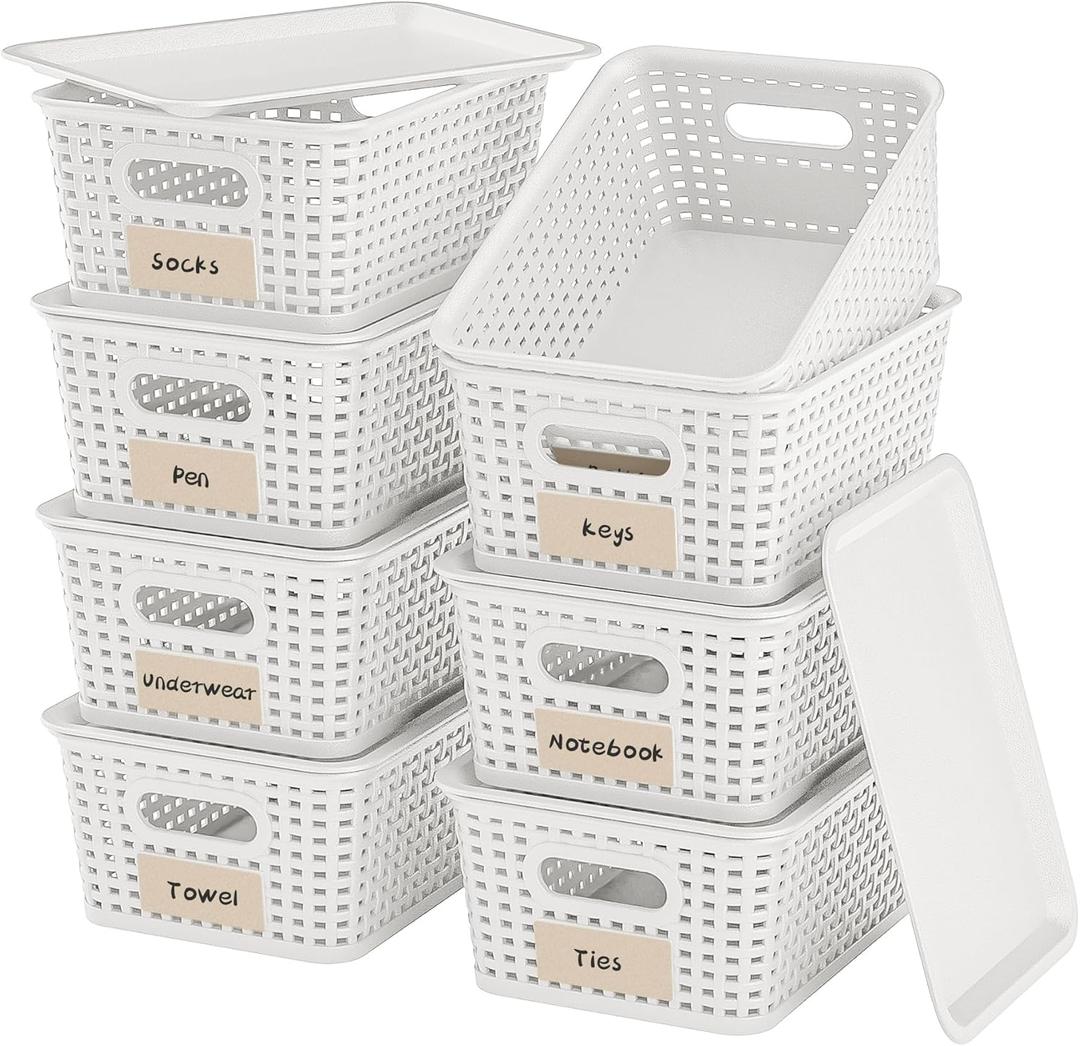 8-Pack White Plastic Storage Baskets with Lids, Label Organizers, Stackable Organizer Containers: For Organizing Shelves, Drawers, Desk Closets, Playrooms, Classrooms, Offices