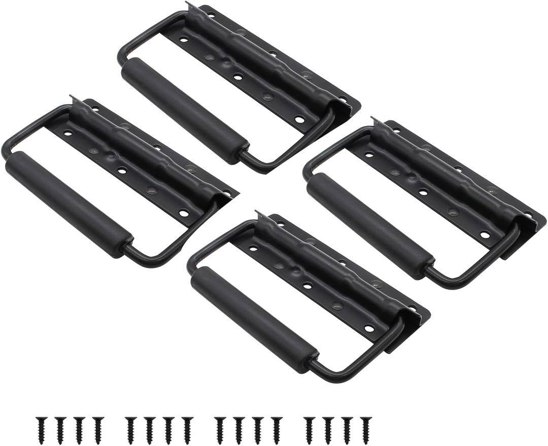 Piutouyar 4.9 Inch Spring Loaded Handle, Heavy Duty Surface Mount, Folding With Rubber Grip for Toolbox, Boxes, Black (4Pcs)