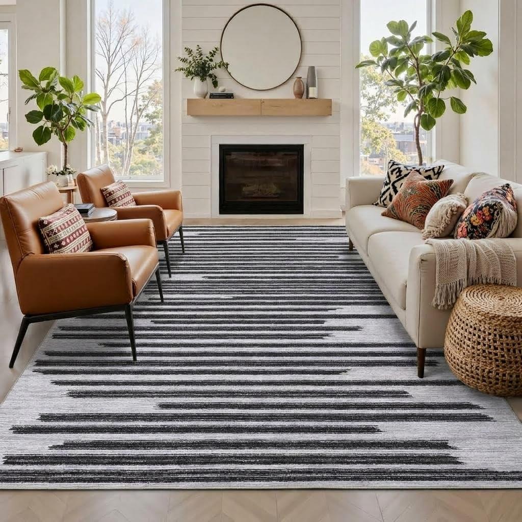 GarveeHome 8x10 Washable Living Room Rug Modern Striped Non Slip Low Pile Indoor Carpet for Home Office Bedroom Dining Room Geometric Stain Resistant Simple Rugs, Beige Black