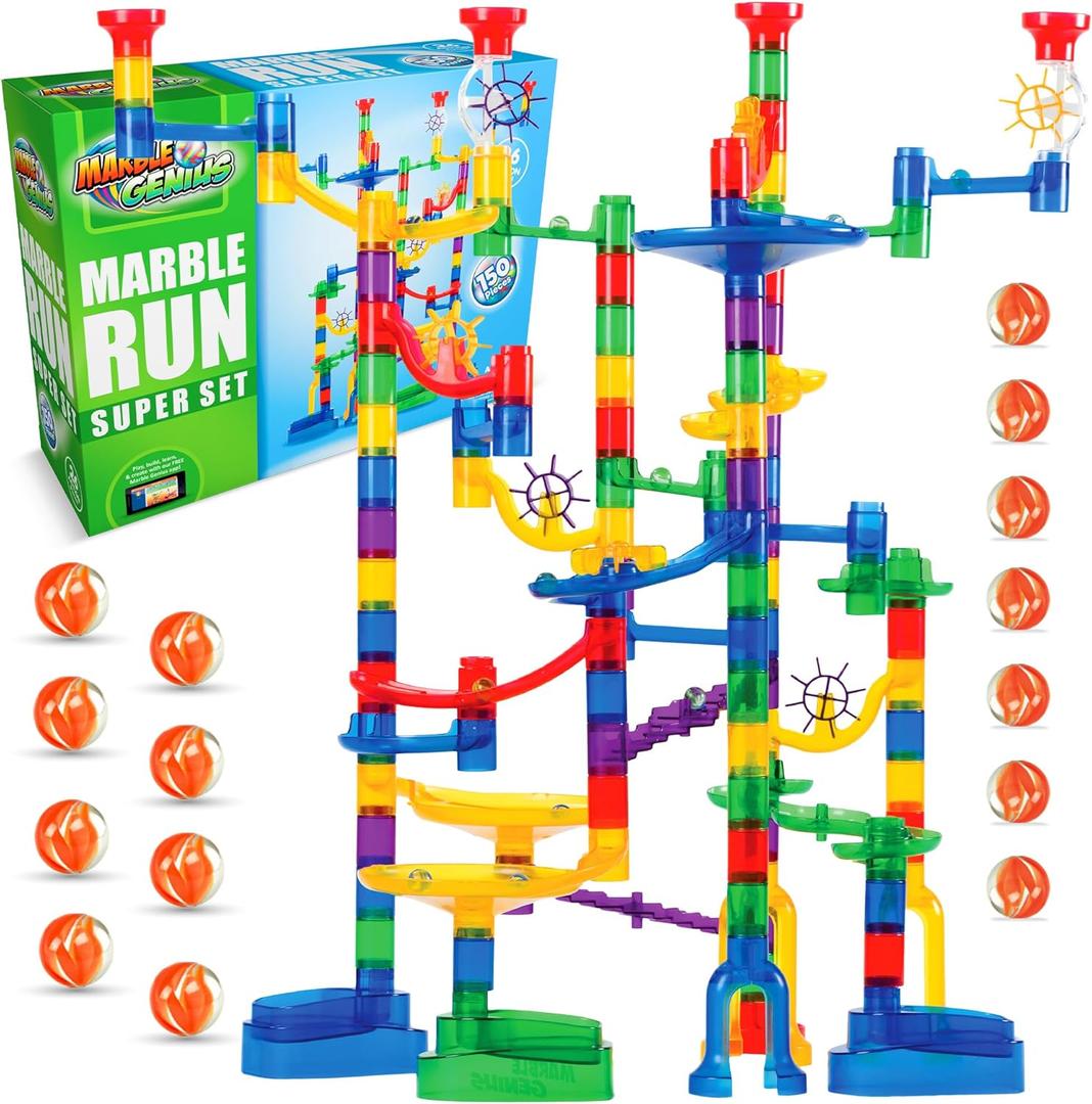 Marble Genius Marble Run - 150 Complete Pieces Maze Track Easter Toys for Adults, Teens, Toddlers & Kids Aged 4-8 Years Old, (85 Translucent Marbulous Pieces + 65 Glass-Marble Set), Super Set