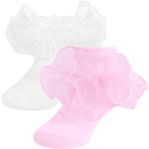 SAOROPEB Toddler Ruffle Socks, 3 Styles5 Size, Frilly Dress Socks for Girls Princess Lace Ruffles Socks Set (6-8 Years, White-pink)