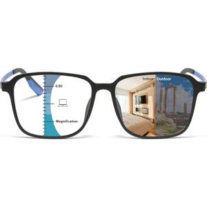 K.LAVER Full Frame Progressive Photochromic Blue Light Reading Glasses Men | Multifocus Lenses, Transition Lenses, UV Protection, Readers for Men and Women, Magnification Strength: 1.5 x