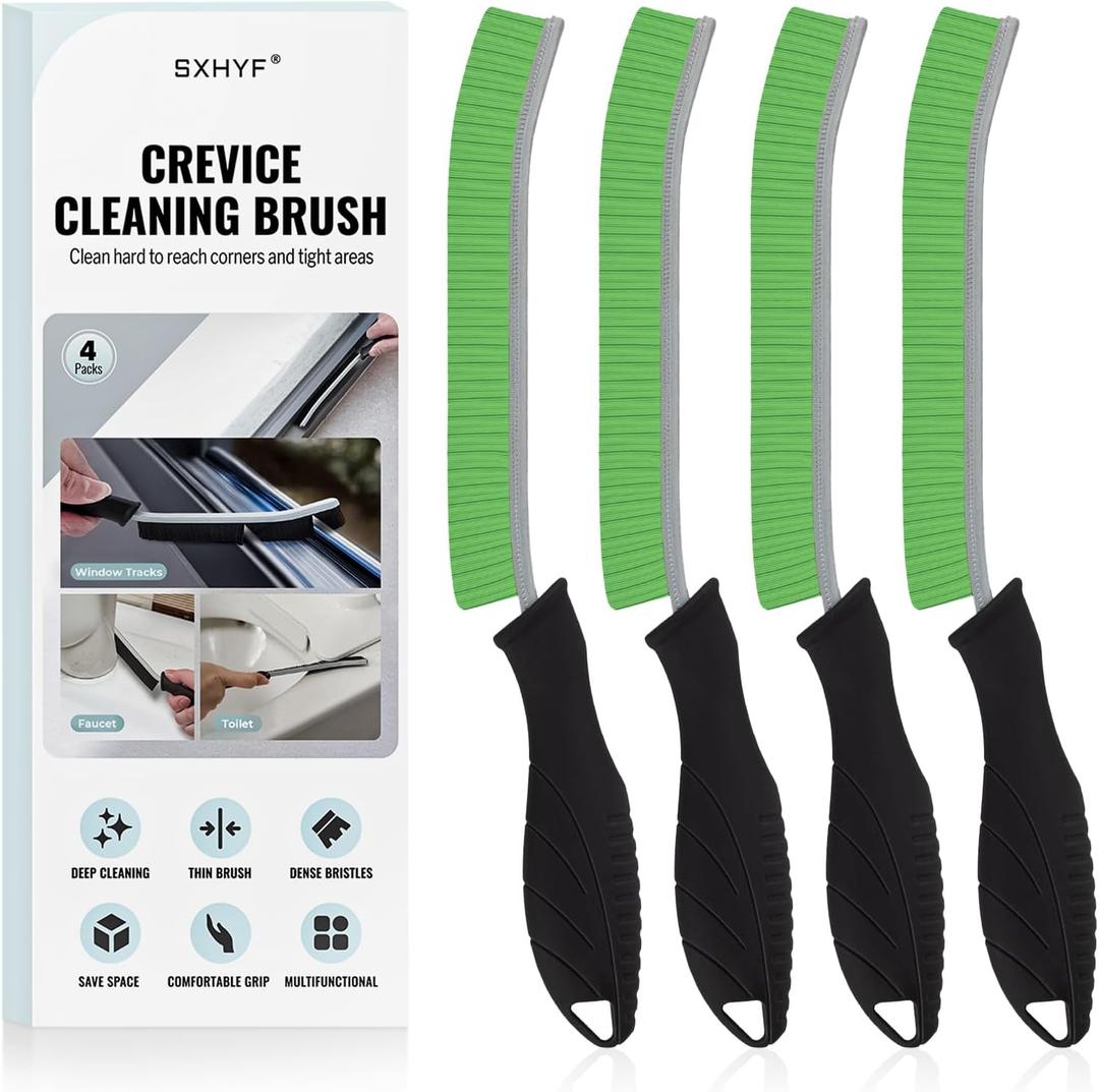 2 x SXhyf Cleaning Brush - Hard Bristle Crevice Cleaning Brush, Multifunctional Gap Scrub Brush, Kitchen Essentials, Bathroom Cleaner Tools for Household Use, Home, Window, Toilet, Stove (Green Bristle Black Handle)