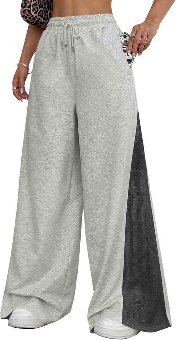 ZAFUL Wide Leg Sweatpants for Women Side Striped Patchwork High Waisted Drawstring Active Joggers Pants with Pockets (Gray, L)
