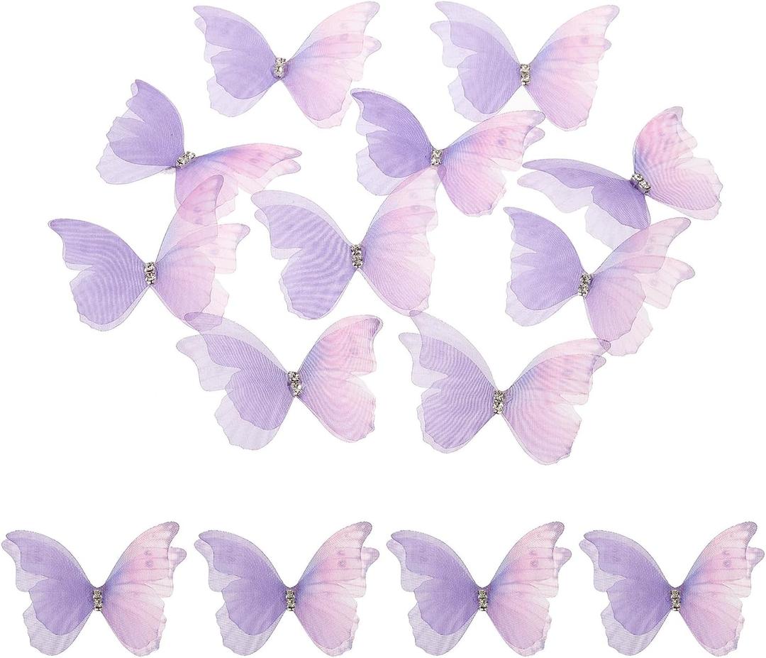 uxcell 30Pcs Sheer Mesh Butterfly Appliques, 50mm Two Layers Butterflies with Gem Applique Patch DIY 3D Craft Ornament for Wedding Party Home Decor Clothes, Dark Purple