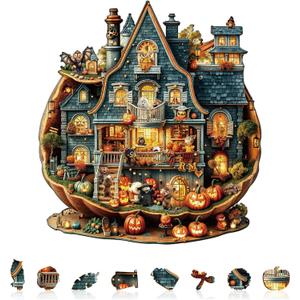 Jigfoxy Wooden Puzzles for Adults, Halloween Cottage Wood Puzzles Adult, Unique Animal Shape Wooden Jigsaw Puzzles for Adults, Birthday Gifts for Puzzle Lovers, Family, Friend (M-11.4*10.4in-185pcs) (Bear's House)