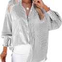 Women's Smocked Cuffed Striped Boyfriend Shirts Button Down Casual Collar Long Sleeve Blouse Shirt Tops (Blue, XXL)