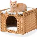 LUCKITTY Cat Bed with Ears - Handwoven Rattan Cat Cave House for Indoor Kittens, Foldable Hideaway with 2 Removable Cushions, 16.5x16.5x13.2 Inch Natural Pet Cube for Living Room/Bedroom Natural