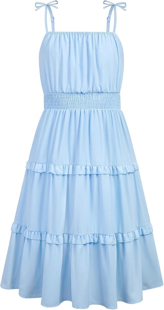 HOZIY Girls Spring Dresses Ruffled Tiered Adjustable Strap Midi Dress Juniors Casual Formal Sundress (9-10 Years)