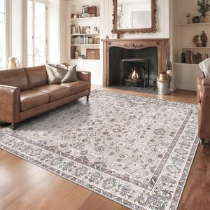 Large Square Rug 10x10 ft Washable - Vintage Indoor Floral Area Rug for Living Room Bedroom Dining Room, Low Pile Ultra Soft Non Slip Stain Resistant 10x10 Beige