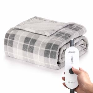 Newell Brands Sunbeam MIcroplush Soft Electric Heated Throw Blanket with Foot Pockets 4 Heat Settings and Auto-Off, Grey, 50''x60'', Full Size