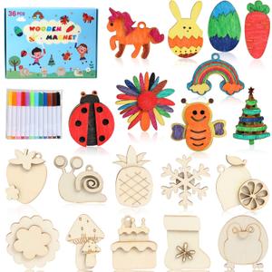 Worgree DIY Wooden Magnets, 36 pcs Wooden Art Craft Supplies Painting Kit for Kids Party Favors for Boys Girls Ages 4-8 8-12 Birthday Easter Crafts Gifts Toys Basket Goodie Bag Stuffers