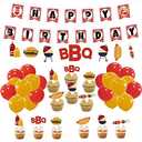 Picnic Birthday Party Decorations Set, BBQ Baby Shower Decor, Red Checked Happy Birthday Banner, BBQ Themed Cupcake Toppers and Balloons