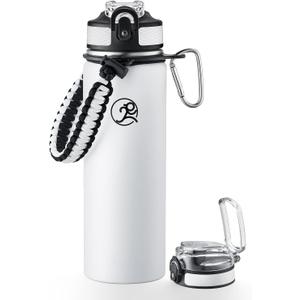 GOSWAG Insulated Sports Water Bottle, 24oz 2 Lids(with Straw/No Straw), Stainless Steel Water Bottles with Paracord Handle, Insulated Bottle with Double-Wall Vacuum Insulation (Matte White)