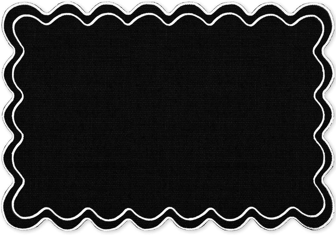 Whaline Black White Linen Placemats Embroidered Scalloped Kitchen Place Mats for Birthday Party Home Dining Table Decor, Set of 6, 13 x 19 in