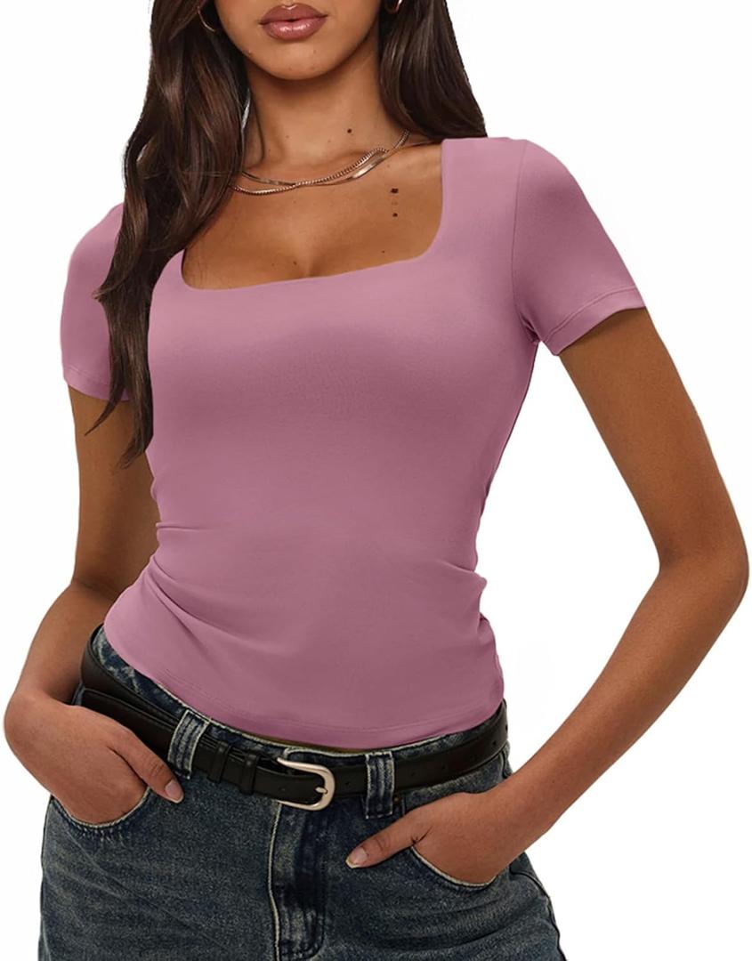 Double Lined Going Out Tops for Women Square Neck Short Sleeve Y2K Slim Fit Crop Tops Cute Summer Outfits