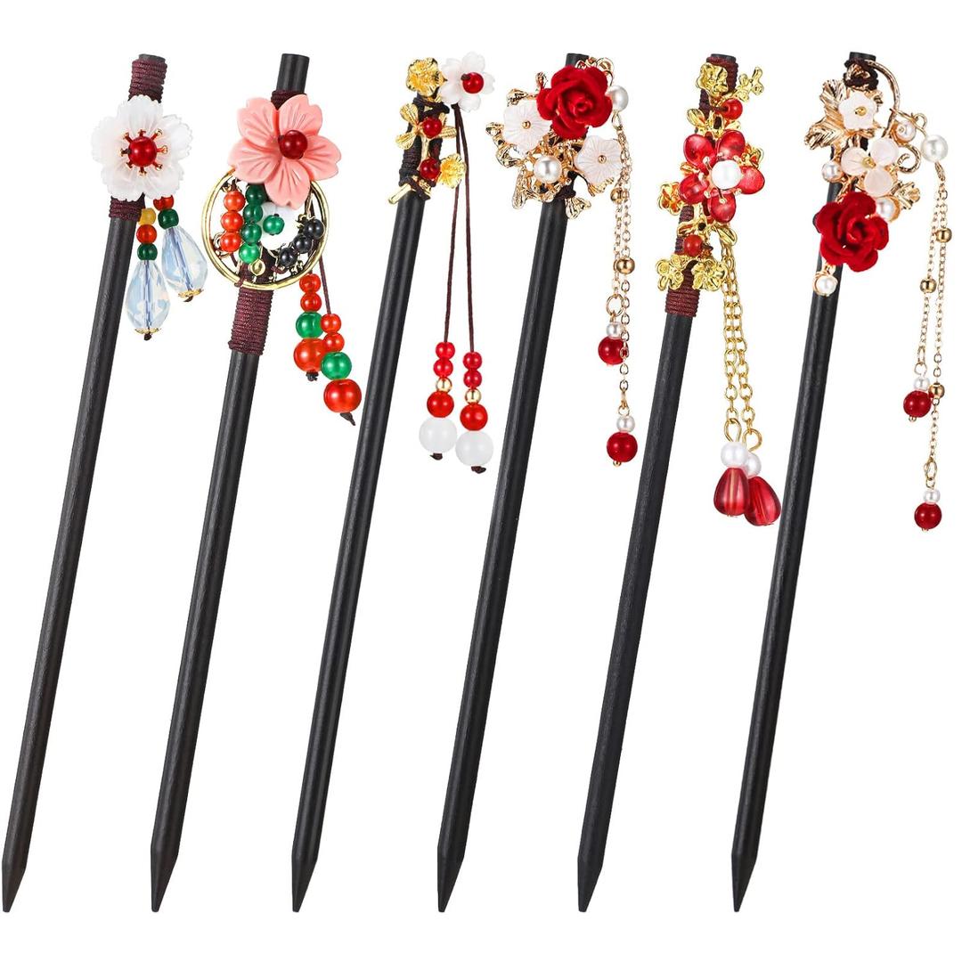 WILLBOND 6 Pcs Chinese Hair Sticks Japanese Vintage Wooden Chopsticks Accessories for Women Asian Floral Stick Classic Retro Tassel Flower Pins Handmade for Long Hanfu Hair(Red Blossom Tassel)