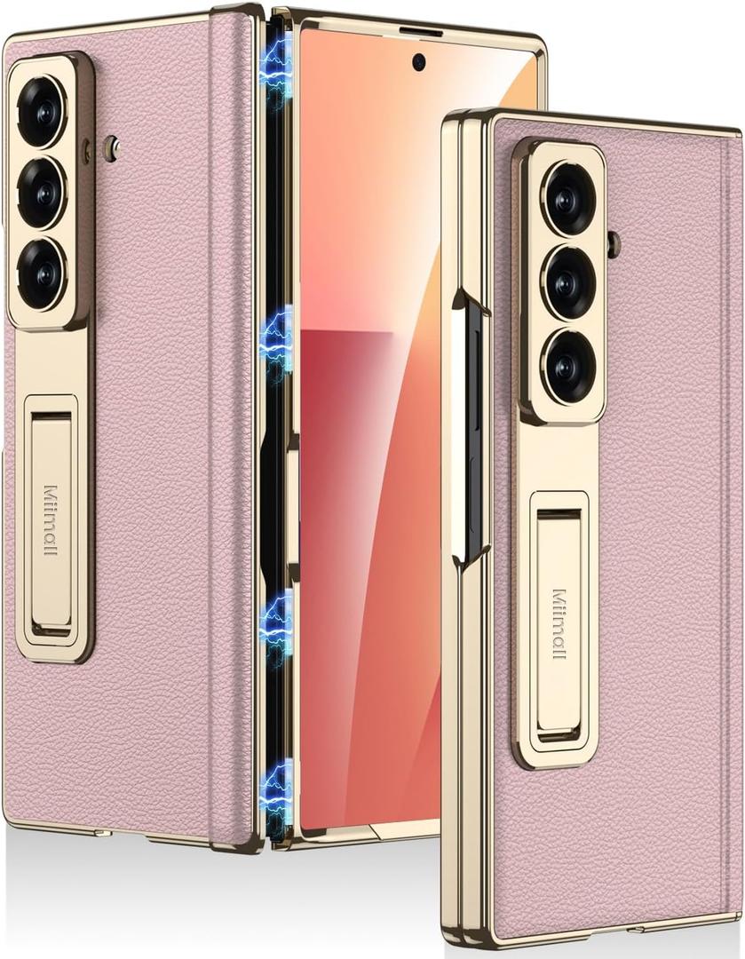 Miimall Case for Samsung Galaxy Z Fold 7 with Screen Protector & Kickstand & Hinge Protection, Premium Leather Phone Cover for Women Girls, Anti-Slip Shockproof Hard Ultra Thin for ZFold 7 Case Pink