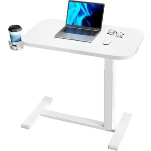 HUANUO 32Inch Bedside Table with Wheels, Height-Adjustable Rolling Computer Cart, Overbed Table with Cup Holder, Pneumatic Laptop Standing Desk for Home Office, White, Large-32 Inch
