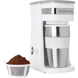 Mixpresso White Personal Single Serve Coffee Maker with 14oz Travel Mug, Drip Small Coffee Maker with Auto Shut Off, Reusable Filter, Works with Ground Coffee Only  Not for K-Cup Pods