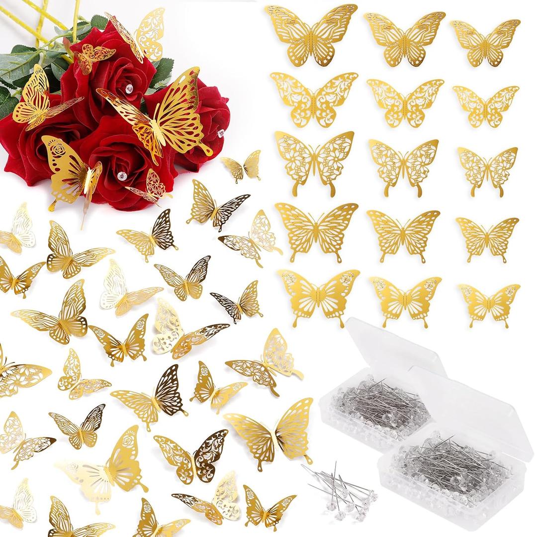 408 Flower Bouquet Pins Accessories, 288 Pcs Bouquet Pin and 120 Pcs 3D Gold Butterfly Decorations for Floral Arrangements Wedding Birthday Party Decorations Baby Shower, 3.1", "3.9", "4.9 inches