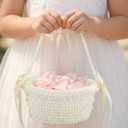 Pearl Flower Girl Basket Wedding Basket with Cute Pearl Handle Bowknot Satin Small White Ivory Baskets for Wedding Ceremony Party Flower Girls