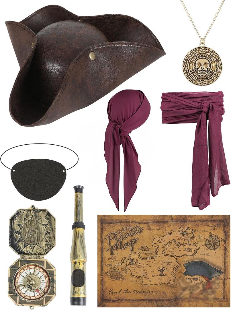 Pirate Hat Women Pirate Costume Accessories with Pirate Hat Eye Patch Necklace and Sash for Halloween Party Cosplay