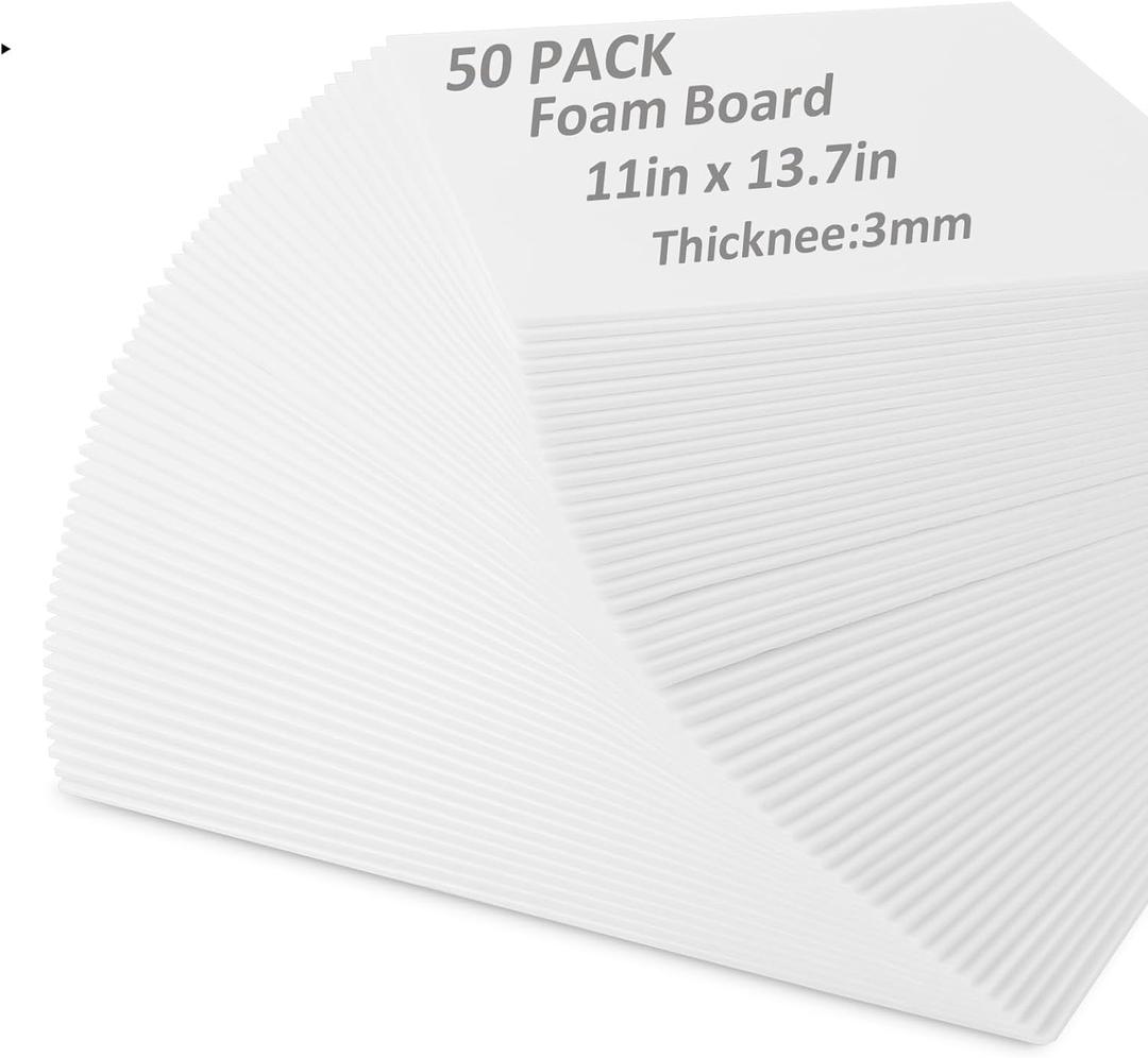 50 Pack White Foam Board for Projects, 11 x 13.7Inch Foam Core Baking Board Mat Board Center, 1/8Inch Thick Polystyrene Foam Sheet for School, Presentation, Signage & Art Crafting