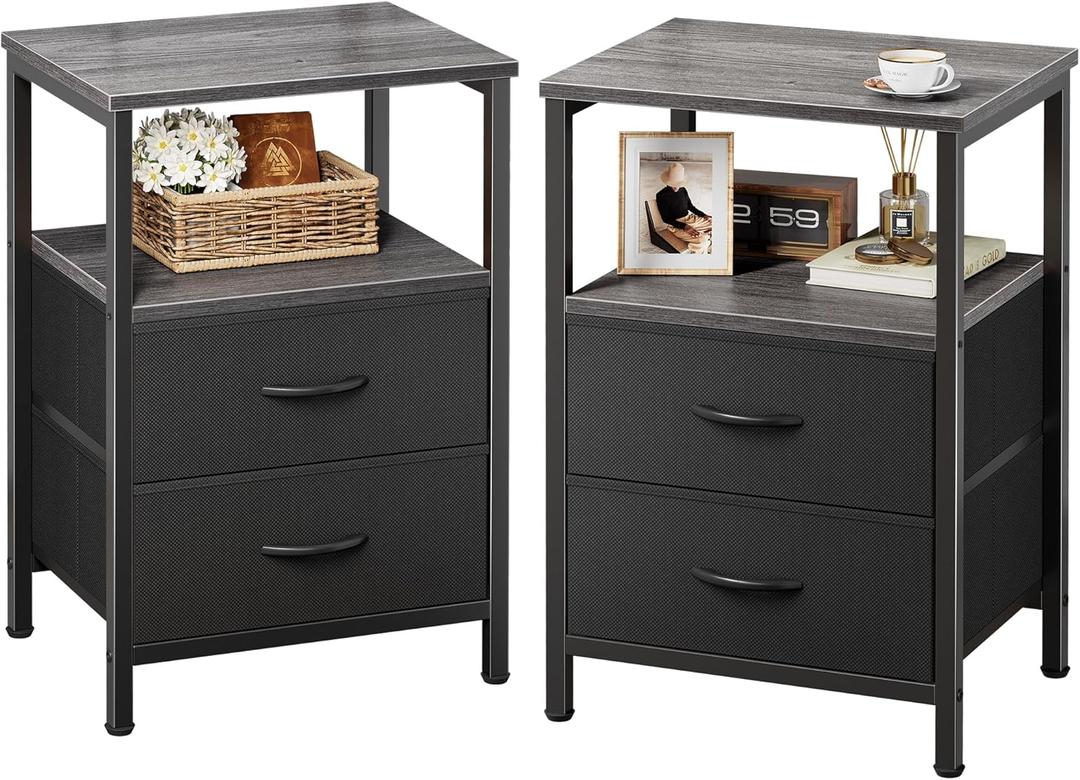 Huuger Night Stand Set of 2, Nightstand with 2 Drawers, Bed Side Table with Open Shelf, Wooden Top, End Table, Fabric Drawer, for Bedroom, Grey