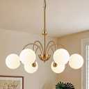 Vintage Brushed Gold Chandeliers for Dining Room Light Fixture, 6-Light Mid Century Milk Glass Globe Chandelier, Modern Farmhouse Sputnik Pendant Lights Kitchen Island Living Room Bedroom Entryway