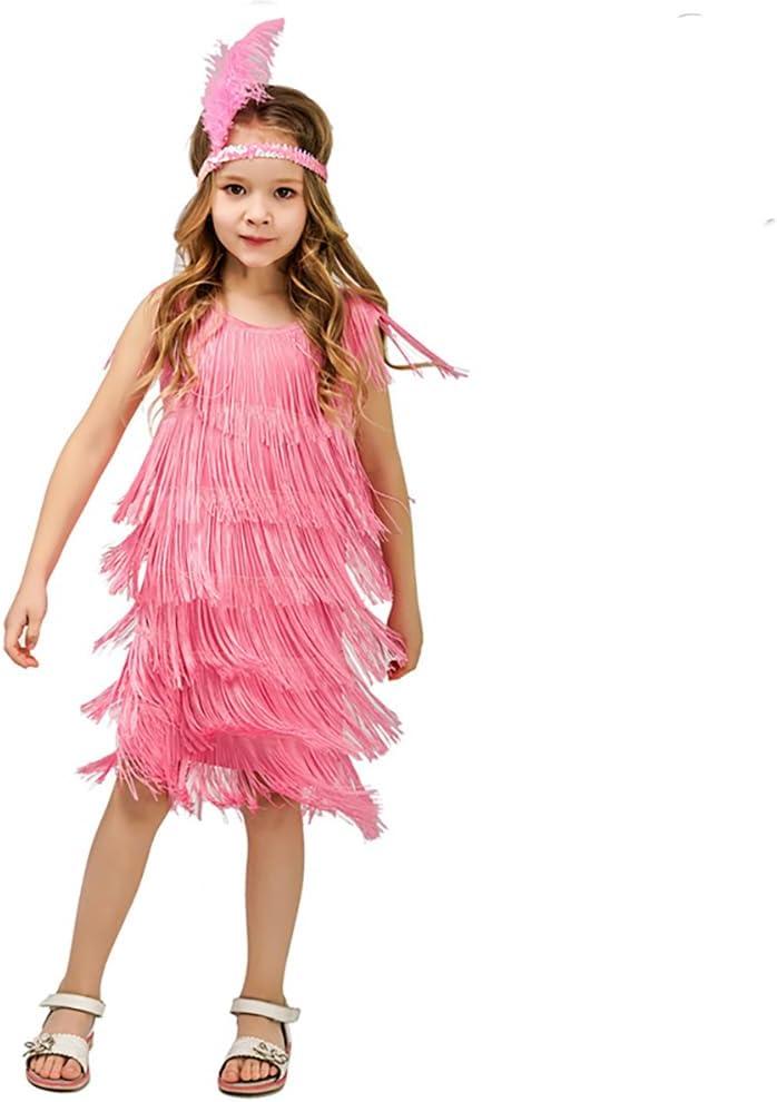 Girls 1920s Flapper Dress Sequin Tassel Fringe Latin Dance Dress Kids Gatsby Ballroom Party+Feather Headband (7-9 Years, Pink)