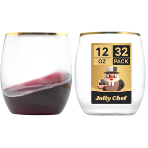 JOLLY CHEF 32 Pack 12oz Gold Plastic Wine Glasses Stemless, Disposable Wine Cupsty, Disposable Plastic Wine Cups for Party, Halloween, Christmas, Thanksgiving 