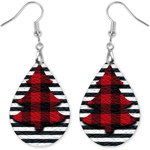 Black and White Stripe Christmas Tree Teardrop Earrings - Buffalo Plaid Christmas Tree Earrings