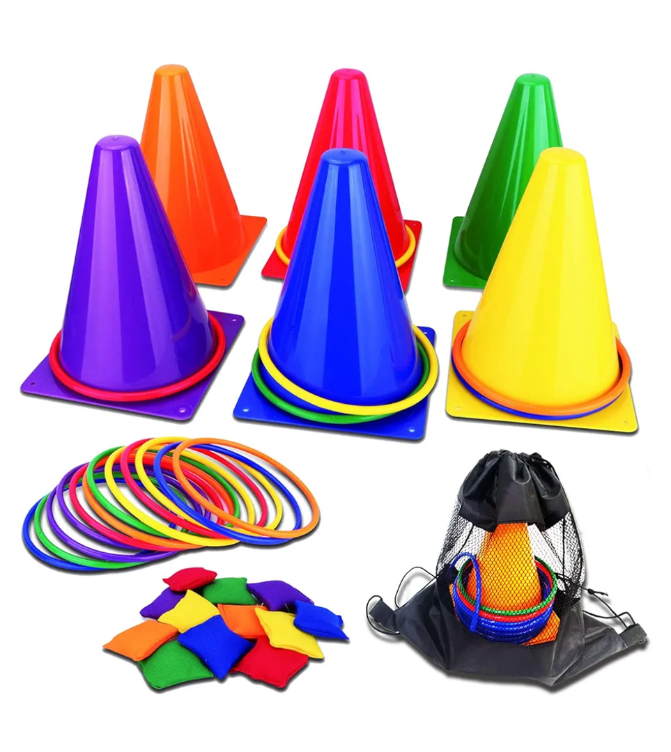 unanscre 31PCS 3 in 1 Carnival Outdoor Games Combo Set for Kids, Soft Plastic Cones Bean Bags Ring Toss Game, Gift for Birthday Party/Xmas