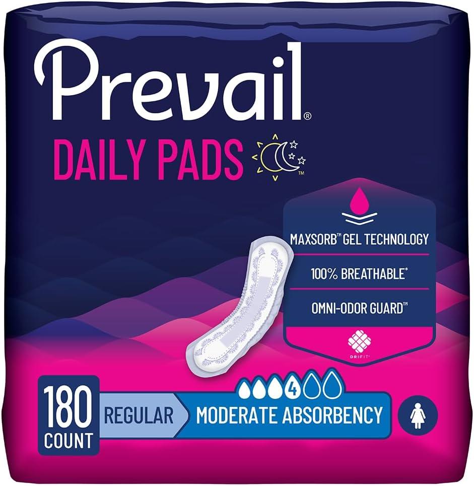 Prevail Incontinence Bladder Control Pads for Women, Moderate Absorbency, Regular Length, 180 Count