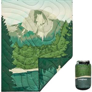 KingCamp Ultralight Camping Blanket, Packable Down Alternative Puffy Printed Wearable Blanket with Snap Buttons & Corner Loops Weatherproof Quilt for Outdoor Travel Stadium (79"L x 57"W, GREEN)