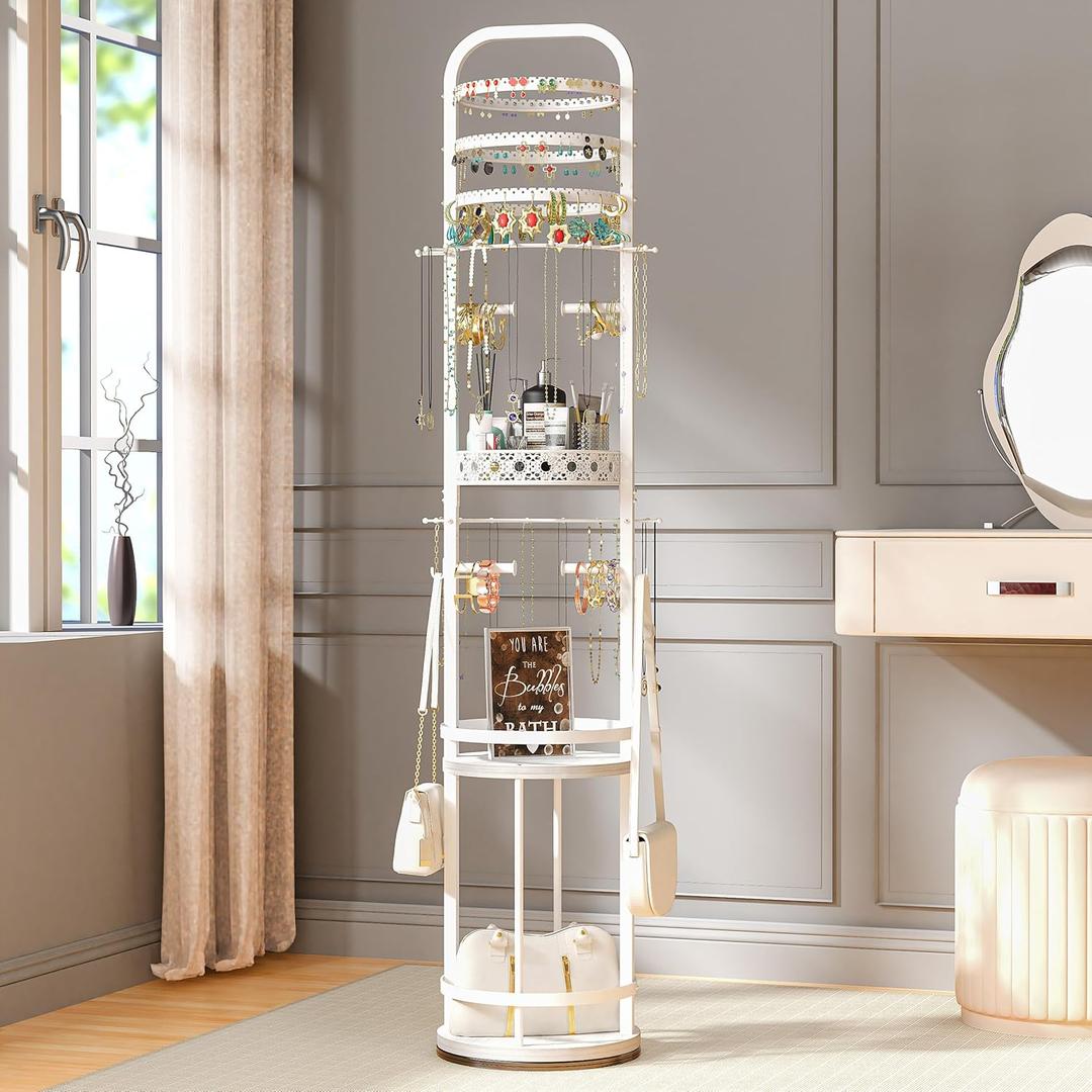 Large Jewelry Organizer Stand, 360 Rotating Handing Jewelry Organizer for Display and Storage, Metal Floor Jewelry Tree Organizer for Necklace, Earring, Bracelet, Bag, Women Jewelry Holder Organizer (10 Tiers)