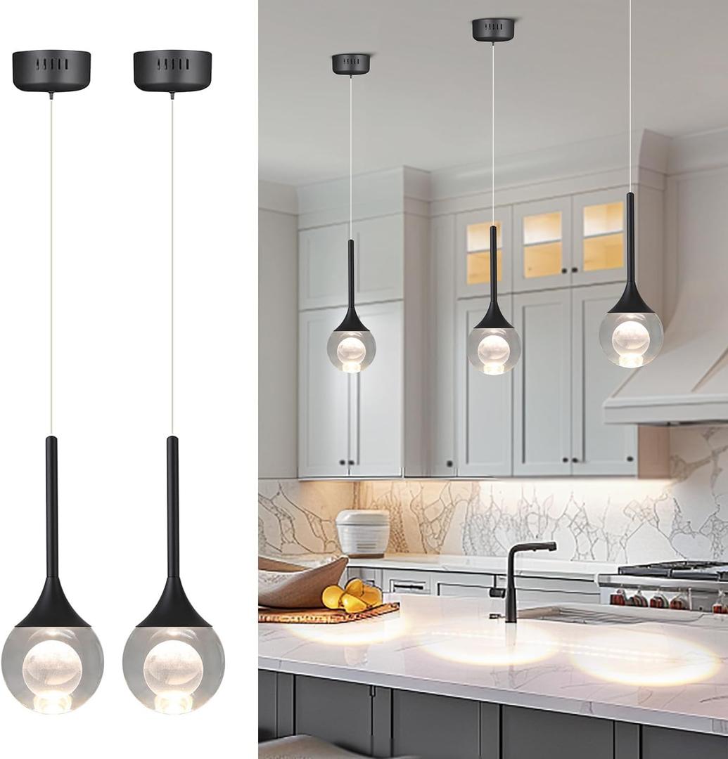 2 Pack Modern Crystal Moon Pendant Lights, Dimmable Natural White (3000K) LED Black Hanging Light Fixture for Kitchen Island, Dining Room, Bar, Bedroom