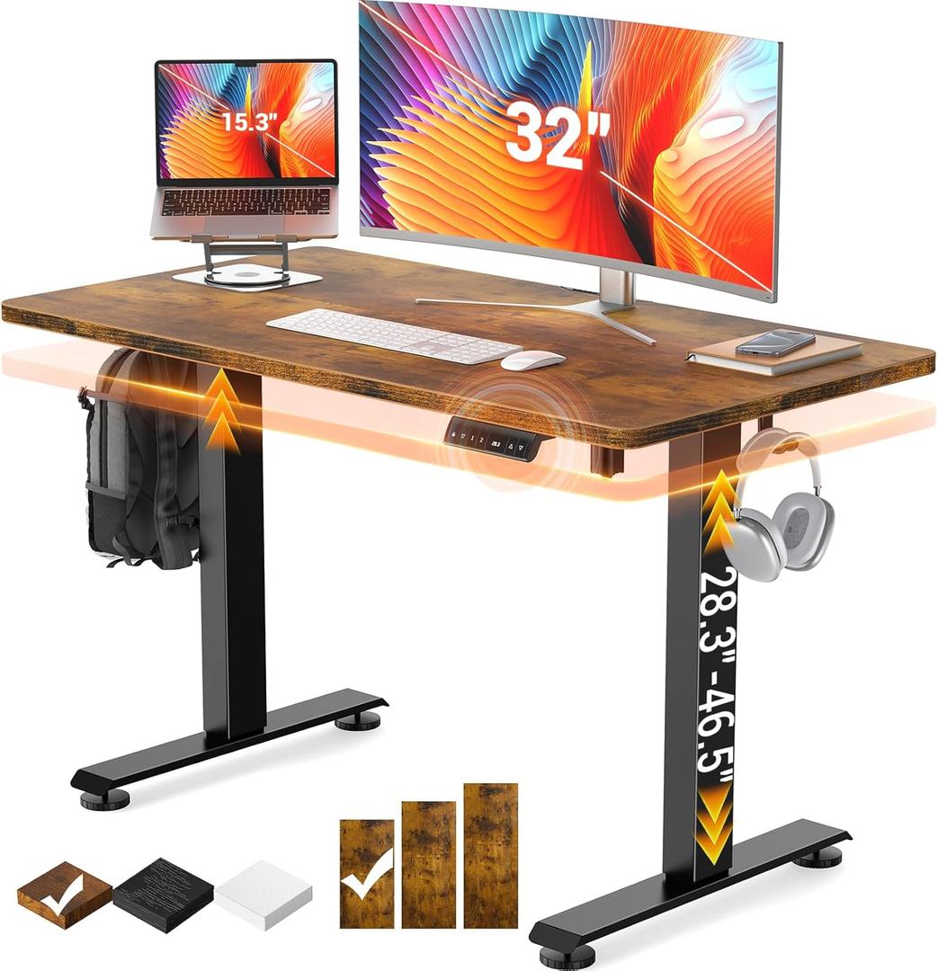 Veken 47.2" Standing Desk Electric, Height Adjustable Sit Stand Up, Wood Desktop, Work Home Office, Computer PC Table, Writing Rising Desks, Brown (47.2 Inch, Brown)