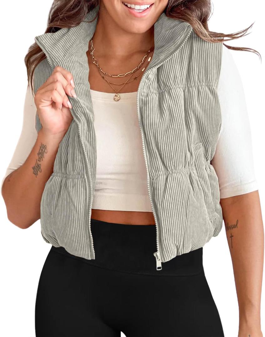 Tankaneo Womens Cropped Puffer Vest Corduroy Lightweight Sleeveless Padded Coat Zip Up Warm Outerwear (Large, Grey)