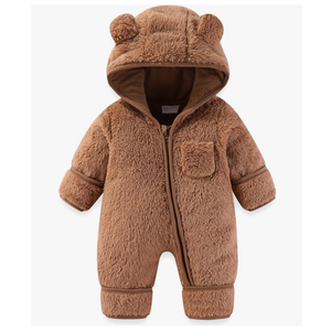 Newborn Baby Bear Outfit With Fold-Over Mittens and Footies Girls Boys Winter Fleece Clothes Hooded Romper Snowsuit