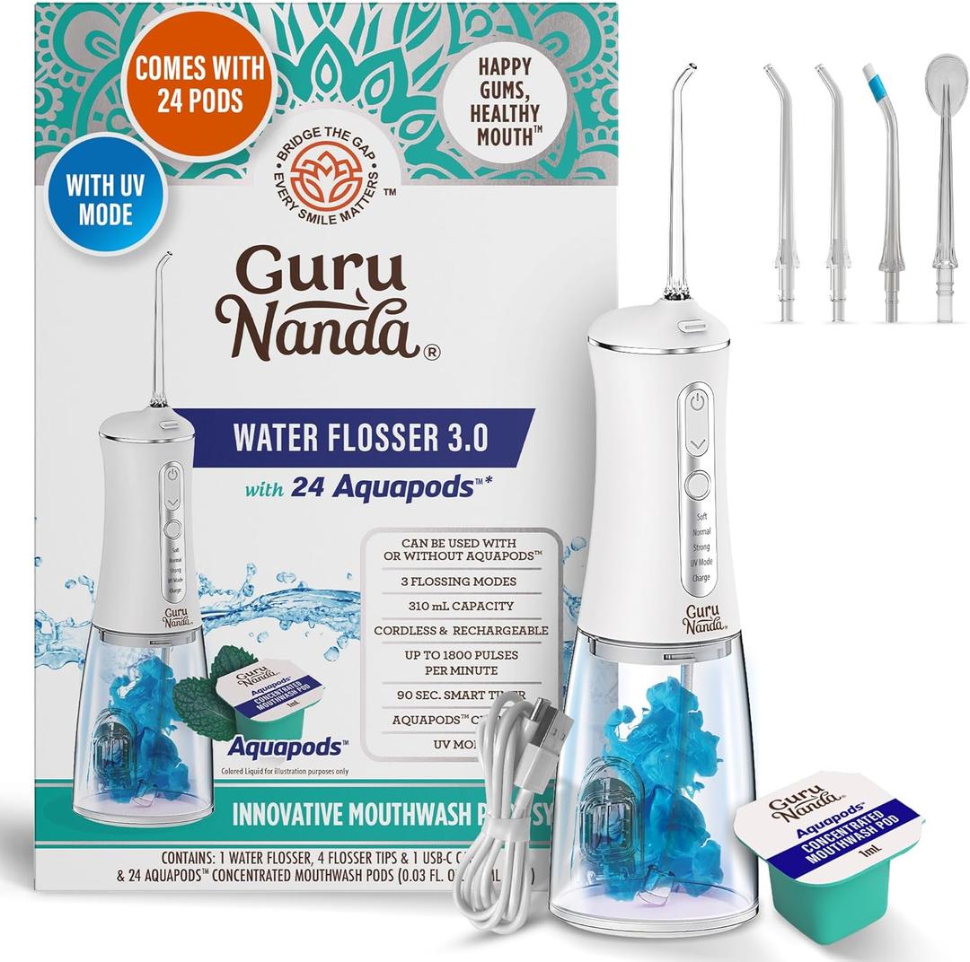 GuruNanda Advanced Dental Water Flosser 3.0 with UV Mode Water Flosser & 24 Aquapods with Mouthwash for Fresh Breath & Plaque Removal, Compact & TSA-Friendly