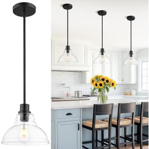 AUTELO Black Pendant Lights Kitchen Island, 1-Light Pendant Lights in Black Finish with Clear Drum Glass, Modern Pendant Light Fixtures, Hanging Lamp for Kitchen Island H2512 CLBK